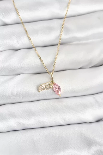 316L Çelik Zincir Gold Renk Balık Kuyruğu Model Zirkon Taşlı Kadın Kolye - TJ-BKO10857 ürün görseli 1