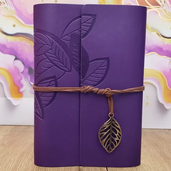 Yaprak Desenli Çizgisiz Deri Defter Mor ürün görseli 1