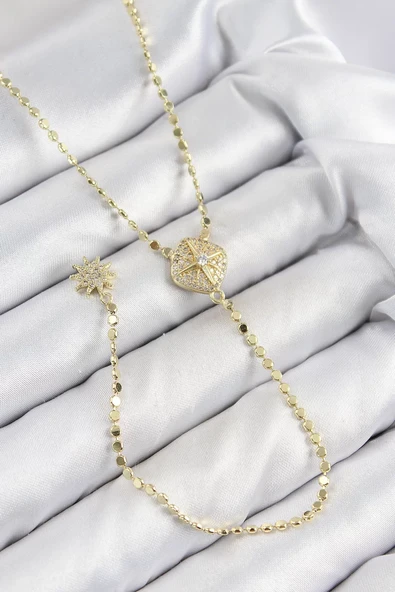 Pirinç Zirkon Taşlı Ezme Zincirli Madalyon Model Gold Renk Y Kolye - TJ-BKO10471 ürün görseli 1