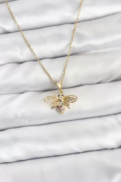 316L Çelik Zincir Gold Renk Sinek Model Zirkon Taşlı Kadın Kolye - TJ-BKO10875 ürün görseli 1