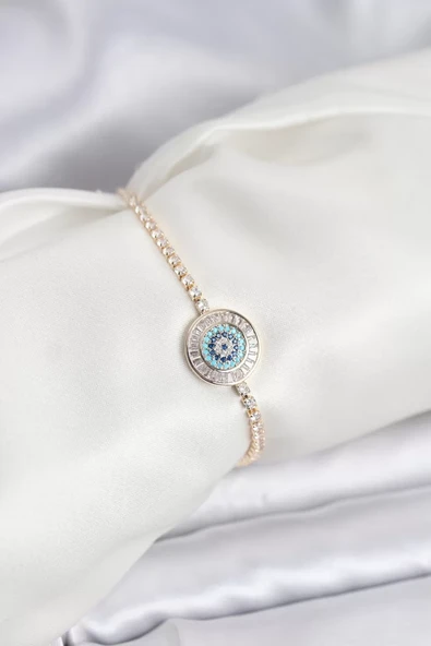 Gold Renk Nazar Model Zirkon Taşlı Asansörlü Su Yolu Bileklik - TJ-BB8238 ürün görseli 1