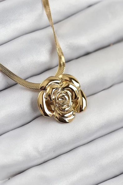 316L Çelik Gül Figürlü İtalyan Zincir Model Gold Renk Kadın Kolye - TJ-BKO10513 ürün görseli 1