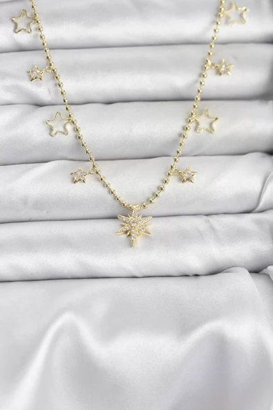Pirinç Gold Renk Zirkon Taşlı Kutup Yıldızı Model Kadın Kolye - TJ-BKO10649 ürün görseli 1