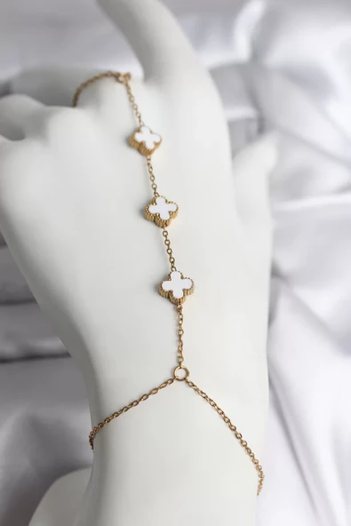 316L Çelik Gold Renk Beyaz Yonca Model Kadın Şahmeran - TJ-SN734 ürün görseli 1