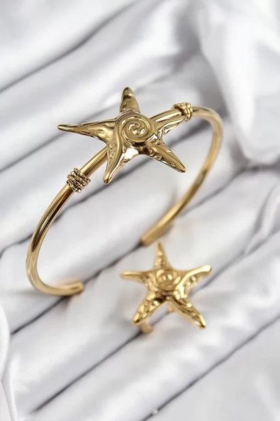 Pirinç Deniz Yıldızı Model Gold Renk Bileklik Yüzük Set - TJ-BB7600 ürün görseli 1