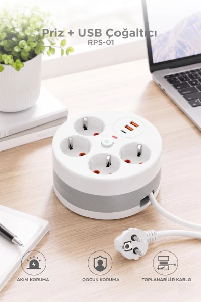 Akım Korumalı Makaralı Priz 3 Port USB Çoğaltıcı Grup Priz 3M RPS01 Beyaz ürün görseli 1