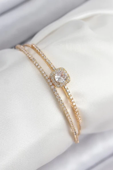 Pirinç Zirkon Taşlı Baget Model Gold Renk Kadın Bileklik - TJ-BB7871 ürün görseli 1
