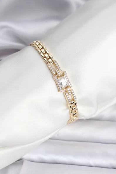 14K Gold Renk Kaplama Zirkon Kare Taşlı CM Kadın Bileklik - TJ-BB8118 ürün görseli 1