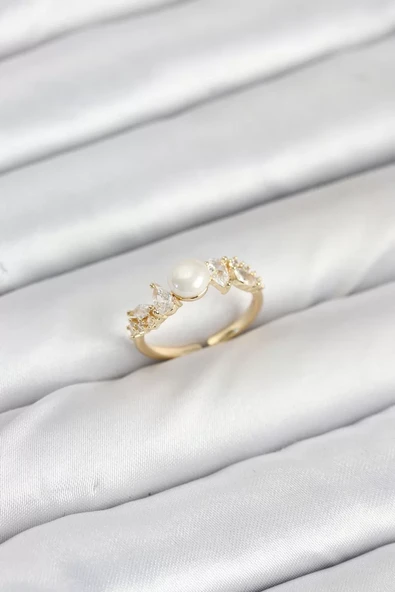 Pirinç Gold Renk Zirkon Taşlı İncili Model Kadın Yüzük - TJ-BYK3852 ürün görseli 1