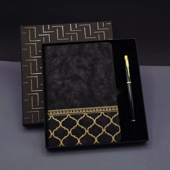 Gold Desen Siyah Deri Defter Kalem Set ürün görseli 1