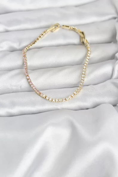 Pembe ve Beyaz Zirkon Taşlı Gold Renk Su Yolu Kadın Bileklik - TJ-BB8150 ürün görseli 1