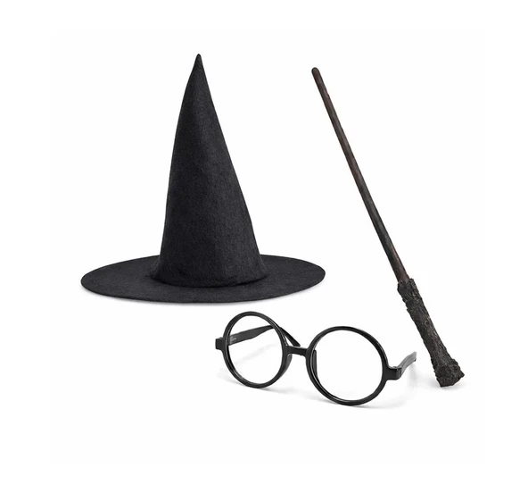 Harry Potter Tarzı Çocuk Seti - Siyah Keçe Şapka, Asa, Gözlük ürün görseli 1