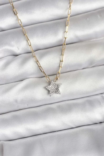Pirinç Gold Renk Zincirli Zirkon Taşlı Minimal Yıldız Model Kadın Kolye - TJ-BKO10752 ürün görseli 1