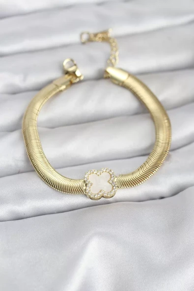 316L Çelik Gold Renk Beyaz Yonca Model Zirkon Taşlı Yılan Zincirli Kadın Bileklik - TJ-BB8157 ürün görseli 1