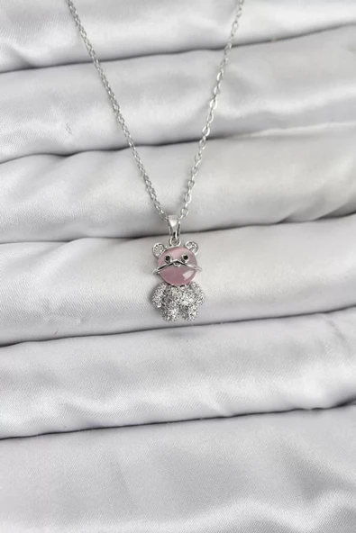 316L Çelik Zincir Gümüş Renk Teddy Bear Model Zirkon Taşlı Kadın Kolye - TJ-BKO10853 ürün görseli 1