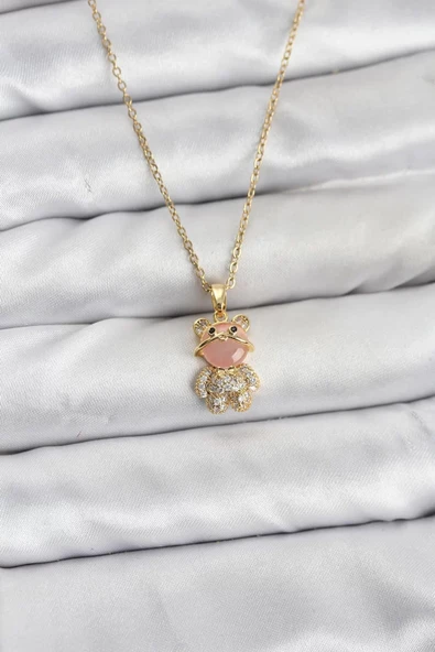 316L Çelik Zincir Gold Renk Teddy Bear Model Zirkon Taşlı Kadın Kolye - TJ-BKO10852 ürün görseli 1