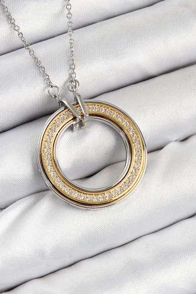316L Çelik Zirkon Taşlı Dönen Daire Model Gold Ve Gümüş Renk Kadın Kolye - TJ-BKO10479 ürün görseli 1