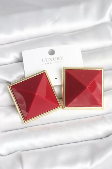 Pirinç Gold Renk Bordo Piramit Model Kadın Küpe - TJ-BKP11384 ürün görseli 1