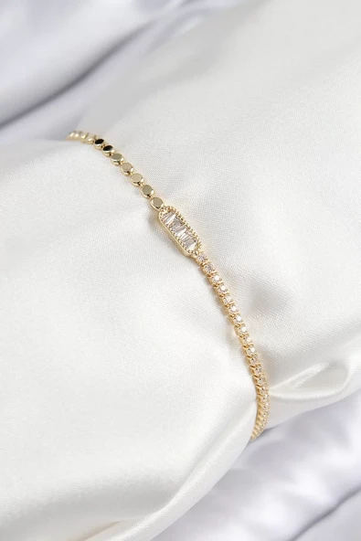 Pirinç Zirkon Taşlı Dikdörtgen Model Ezme Zincir Gold Renk Kadın Bileklik - TJ-BB7593 ürün görseli 1