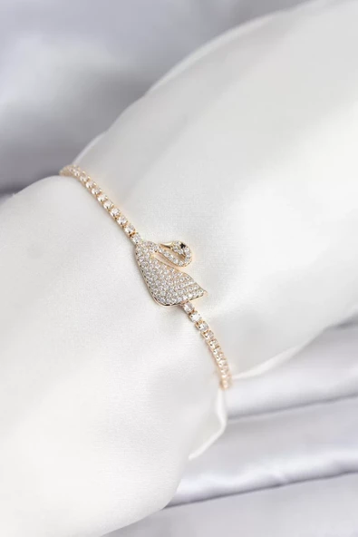 Kuğu Model Zirkon Taşlı Gold Renk Asansörlü Su Yolu Bileklik - TJ-BB8246 ürün görseli 1