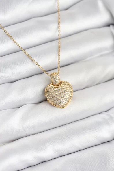 316L Çelik Zincir Gold Renk Zirkon Taşlı Kalpli Kadın Kolye - TJ-BKO10607 ürün görseli 1