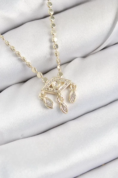 Pirinç Zirkon Taşlı Sallantılı Göz Model Ezme Zincir Gold Renk Kadın Kolye - TJ-BKO10389 ürün görseli 1