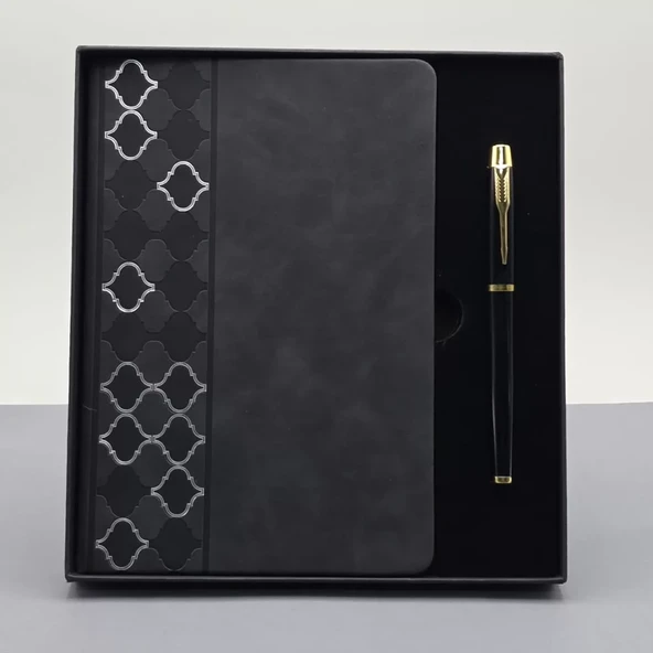 Desenli Siyah Deri Defter Kalem Set ürün görseli 1