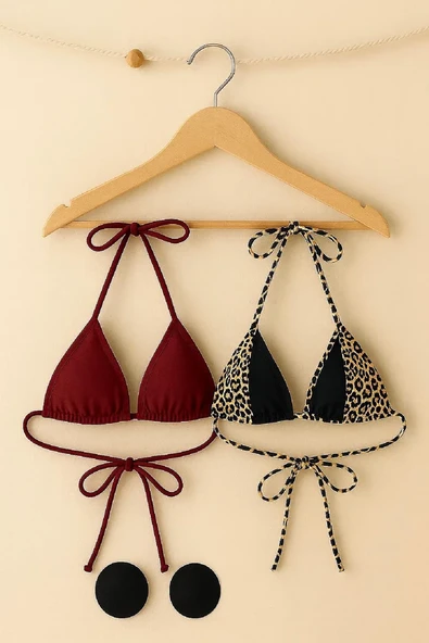 Kadın Leopar Desenli Ve Bordo Minimal Kesim Üçgen Bikini Üstü – Modern Ve Şık Tasarım ürün görseli 1