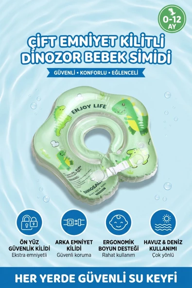 Çocuk Yüzme Simidi Şişmeli Dinozor Temalı Çift Emniyet Kilitli Anti-Panik Yeşil Yüzme Simidi ürün görseli 1