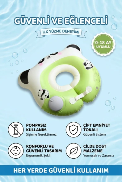 Çocuk Bel Simidi Süngerli Panda Figürlü Emniyet Tokalı Pompasız Kullanım Yüzme Simidi ürün görseli 1