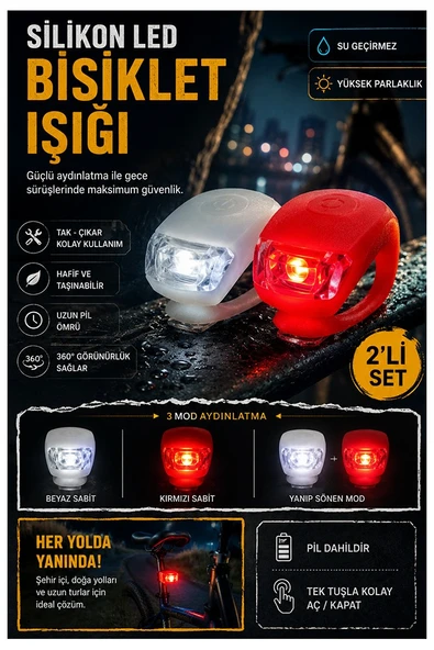 Bisiklet Işığı Led Kırmızı Beyaz 2 li 1 Paket Bisiklet Motorsikler Silikon Lamba Ledli Flaşör Çakar Lamba Ön Arka Işık ürün görseli 1