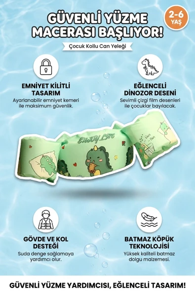 Çocuk Kolluk Can Yeleği Seti Dino Desenli Göğüs Destekli Süngerli Güvenli Yüzme Yardımcısı Yeşil ürün görseli 1