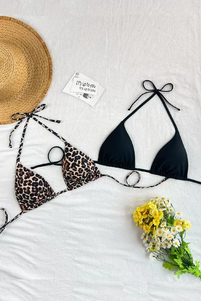 Kadın Leopar Desenli Ve Siyah Minimal Kesim Üçgen Bikini Üstü ürün görseli 1