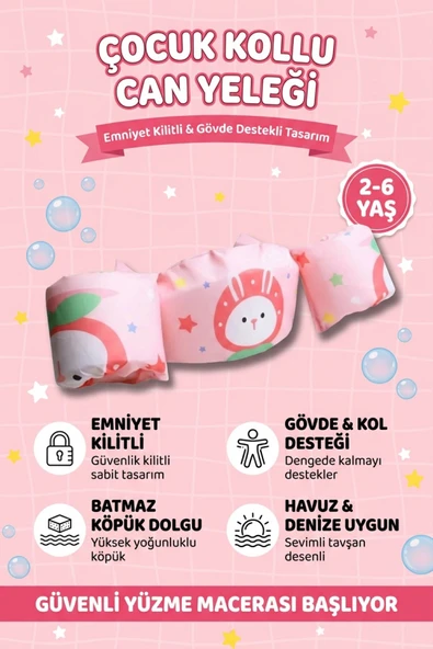 Çocuk Kolluk Can Yeleği Seti Tavşan Temalı Göğüs Destekli Süngerli Güvenli Yüzme Yardımcısı Pembe ürün görseli 1