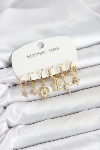 316L Çelik Gold Renk Zirkon Taşlı Charm Detaylı Kadın Küpe Seti TJ-BKP11878 ürün görseli 1