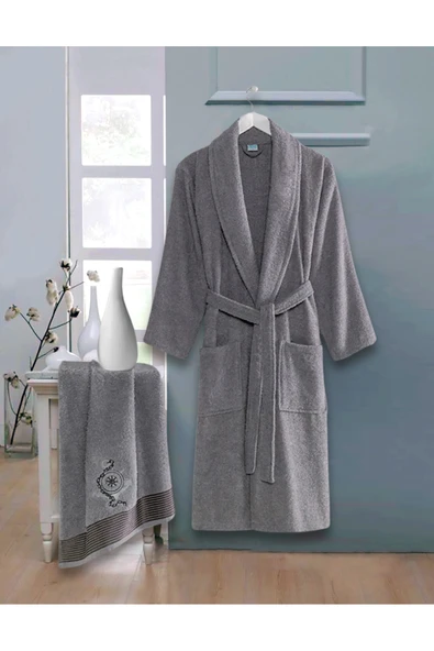 Bornoz - Nakışlı Havlu Seti Cora Antrasit S/M+45x85cm ürün görseli 1