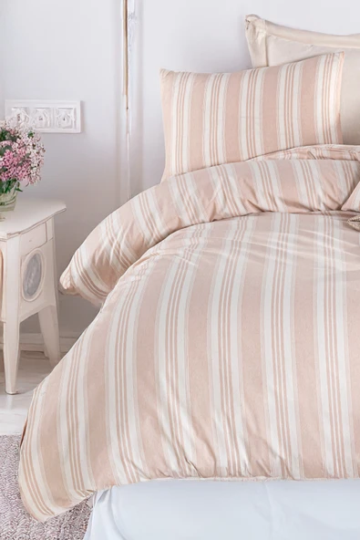 Sport Çizgili Nevresim Takımı Tek Kişilik Soft Line Bej ürün görseli 1