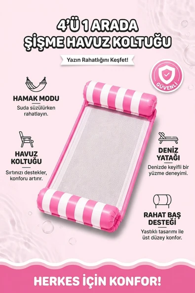 Şişme Havuz Koltuğu Hava Yastıklı Fileli 4'ü 1 Arada Deniz ve Havuz Yatağı Şezlong Pembe ürün görseli 1
