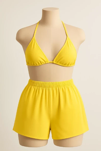 Kadın Sarı Şortlu Belden Ve Boyundan Bağlamalı Bikini Takımı – Modern, Konforlu Ve Günlük Kombinlere Uygun ürün görseli 1