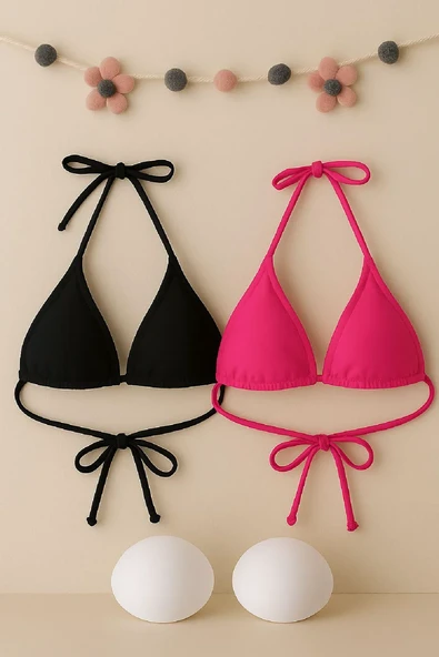 Kadın Siyah Ve Fuşya Minimal Kesim Üçgen Bikini Üstü – Modern Ve Şık Tasarım ürün görseli 1