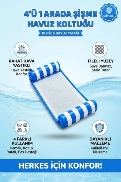 Şişme Havuz Koltuğu Hava Yastıklı Fileli 4'ü 1 Arada Deniz ve Havuz Yatağı Şezlong Mavi ürün görseli 1