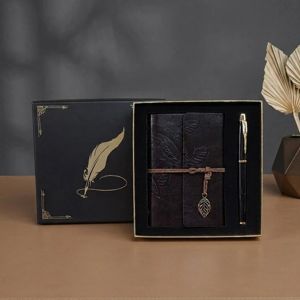 Kutulu Deri Defter ve Metal Roller Kalem Seti - Yaprak Desenli - Baskıya Uygun ürün görseli 1