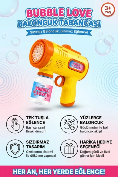 Pilli Köpük Tabancası Otomatik Baloncuk Makinesi Işıklı Sızdırmaz Köpük Üfleyici 3+ Yaş Sarı ürün görseli 1