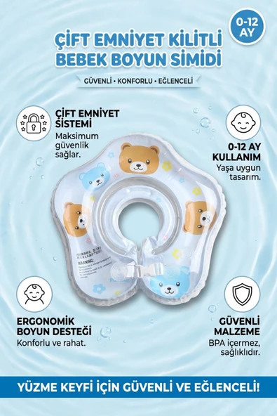 Çocuk Yüzme Simidi Süngerli Ayıcık Temalı Çift Emniyetli Mavi Yüzme Boyunluğu ürün görseli 1