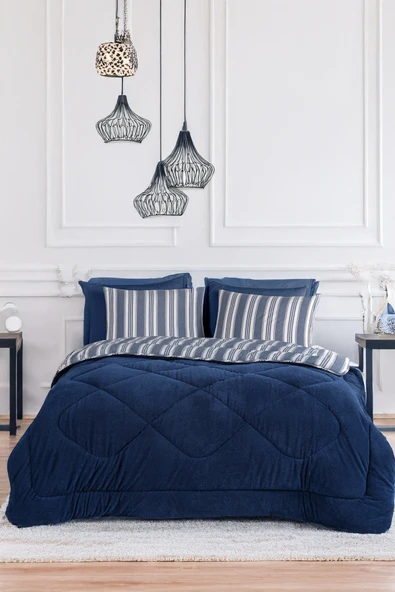 Comfort Set Yeni Nesil Wellsoft Yorganlı 3 Parça Çift Kişilik Soft Line Lacivert ürün görseli 1