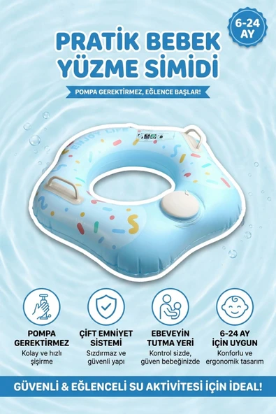 Çocuk Yüzme Simidi Süngerli Ebeveyn Tutma Yerli Çift Emniyetli Bas Şişir Pratik Mavi Simit ürün görseli 1