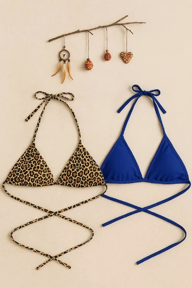 Kadın Leopar Desenli Ve Mavi Minimal Kesim Üçgen Bikini Üstü – Modern Ve Şık Tasarım ürün görseli 1