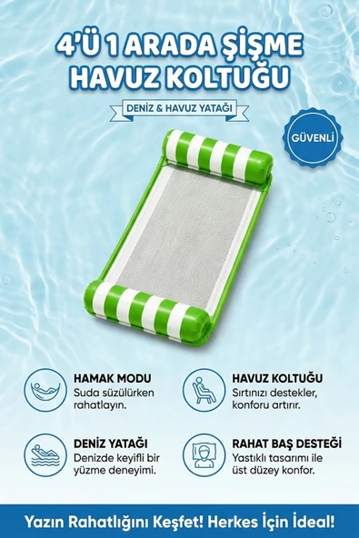 Şişme Havuz Koltuğu Hava Yastıklı Fileli 4'ü 1 Arada Deniz ve Havuz Yatağı Şezlong Yeşil ürün görseli 1