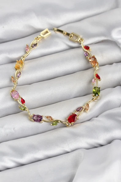 Pirinç Gold Renk Mix Renk Zirkon Taşlı Çiçek Model Kadın Bileklik ürün görseli 1