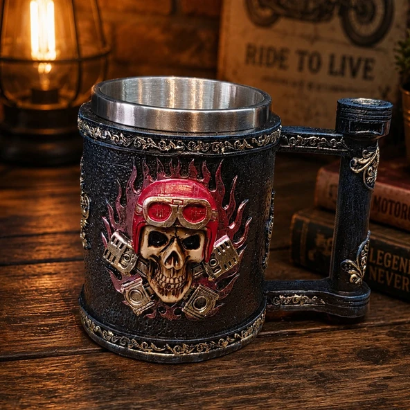 Kuru Kafa Motorcu Tasarımlı 3D Metal Kupa Bardak - Çelik İç Yüzey ürün görseli 1
